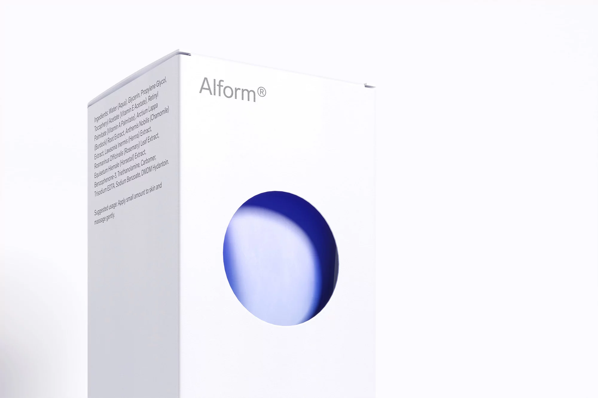 Alform brand product box for skincare, showing ingredients on the left side, and blue circle design on the right, against white.