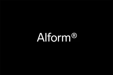 White Alform brand logo with registered trademark symbol centered on a solid black background.