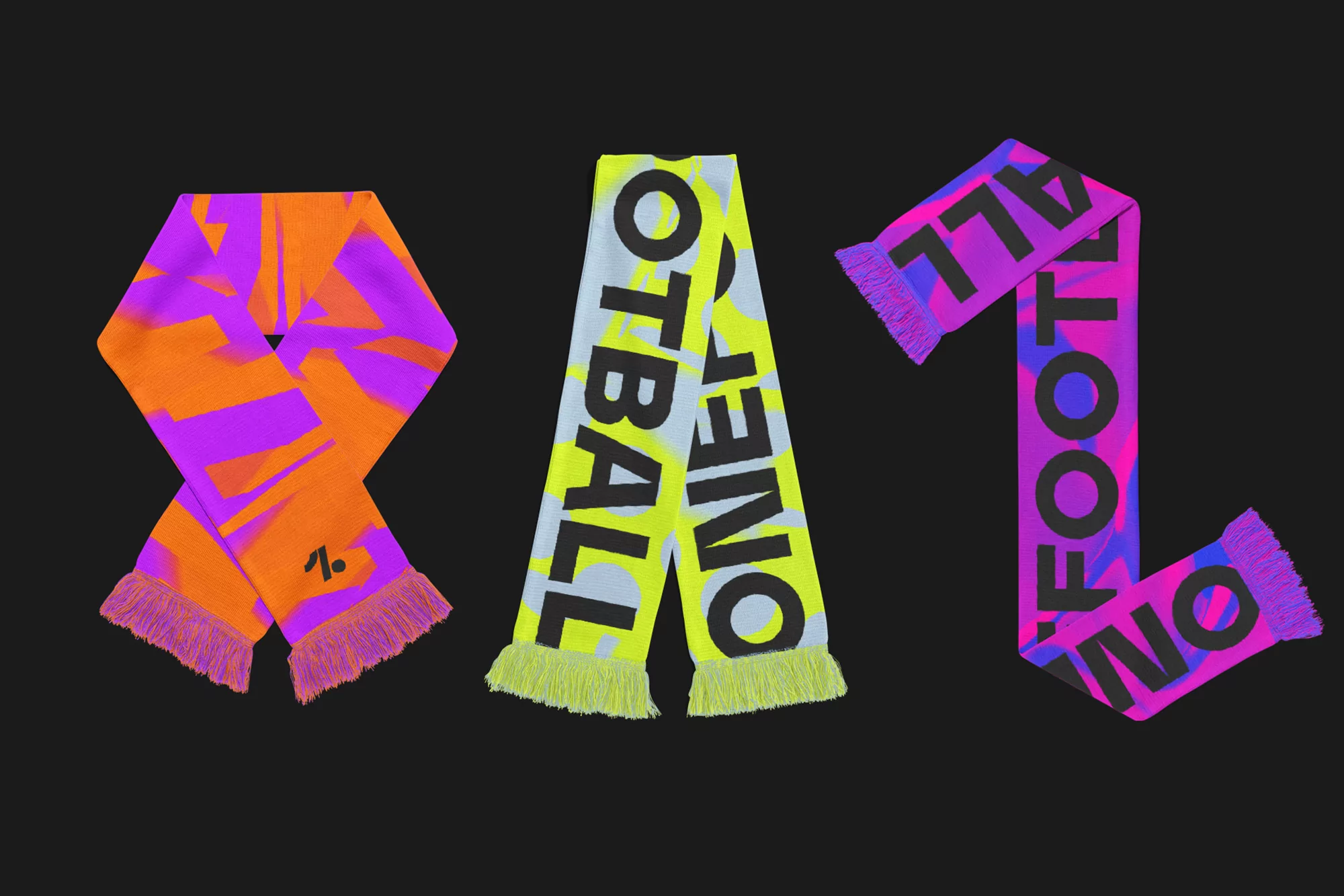 Three colorful scarves with the word 'FOOTBALL' printed on them in shades of orange, yellow, and pink, set against a black background.