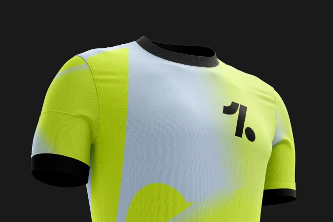 Close-up of a digitally rendered t-shirt with a white and neon green color scheme, featuring a black logo on the upper chest.