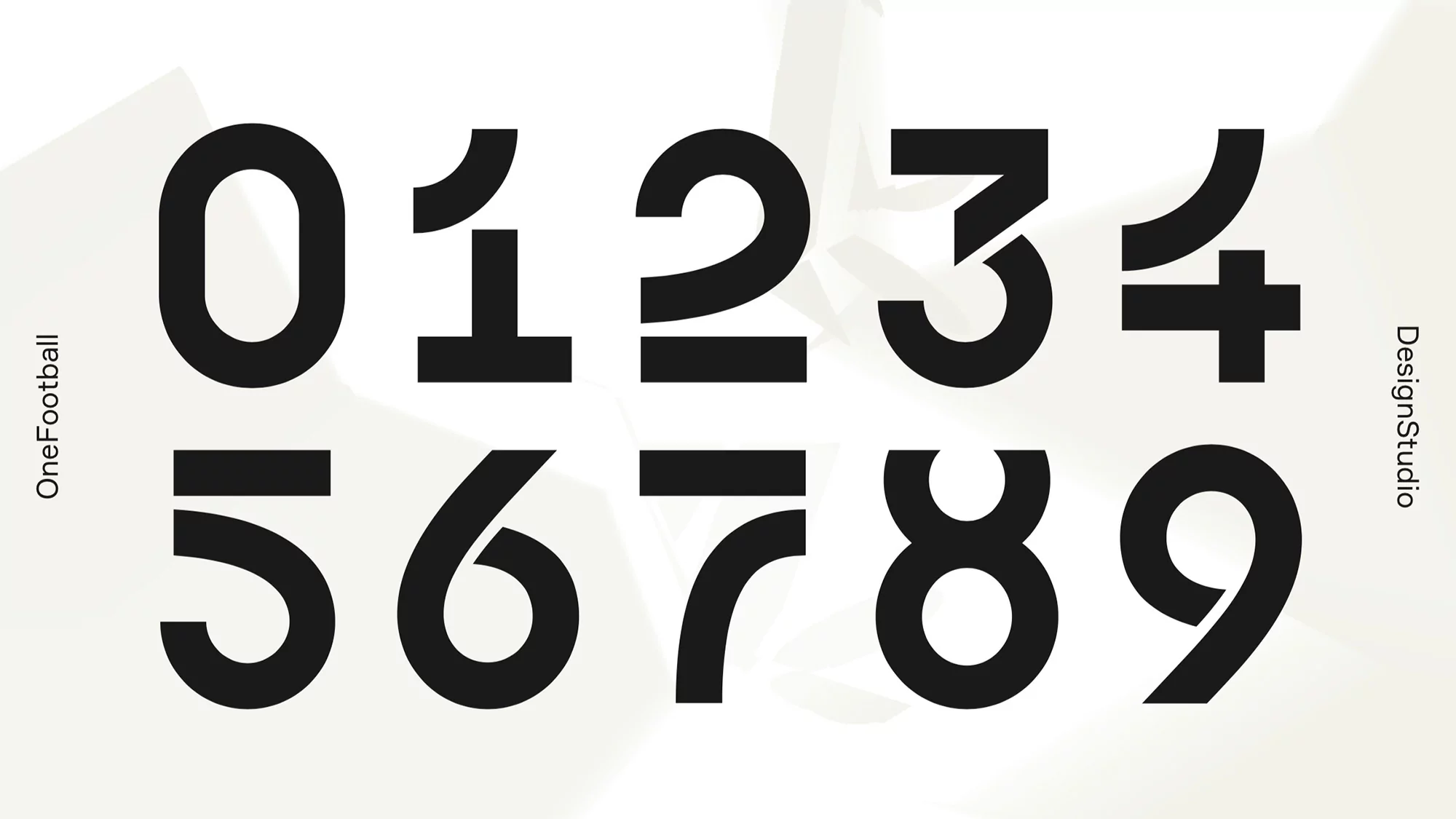 Collection of bold black numbers from 0 to 9 against a gradient background featuring the brand logos 'OneFootball' and 'DesignStudio'.