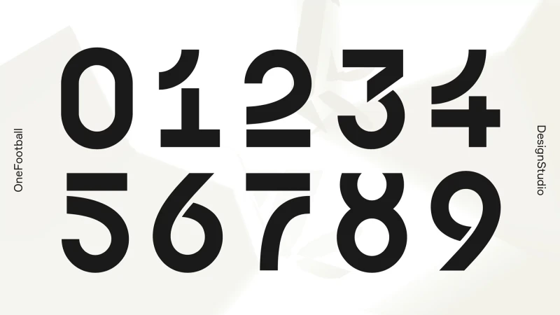 Collection of bold black numbers from 0 to 9 against a gradient background featuring the brand logos 'OneFootball' and 'DesignStudio'.