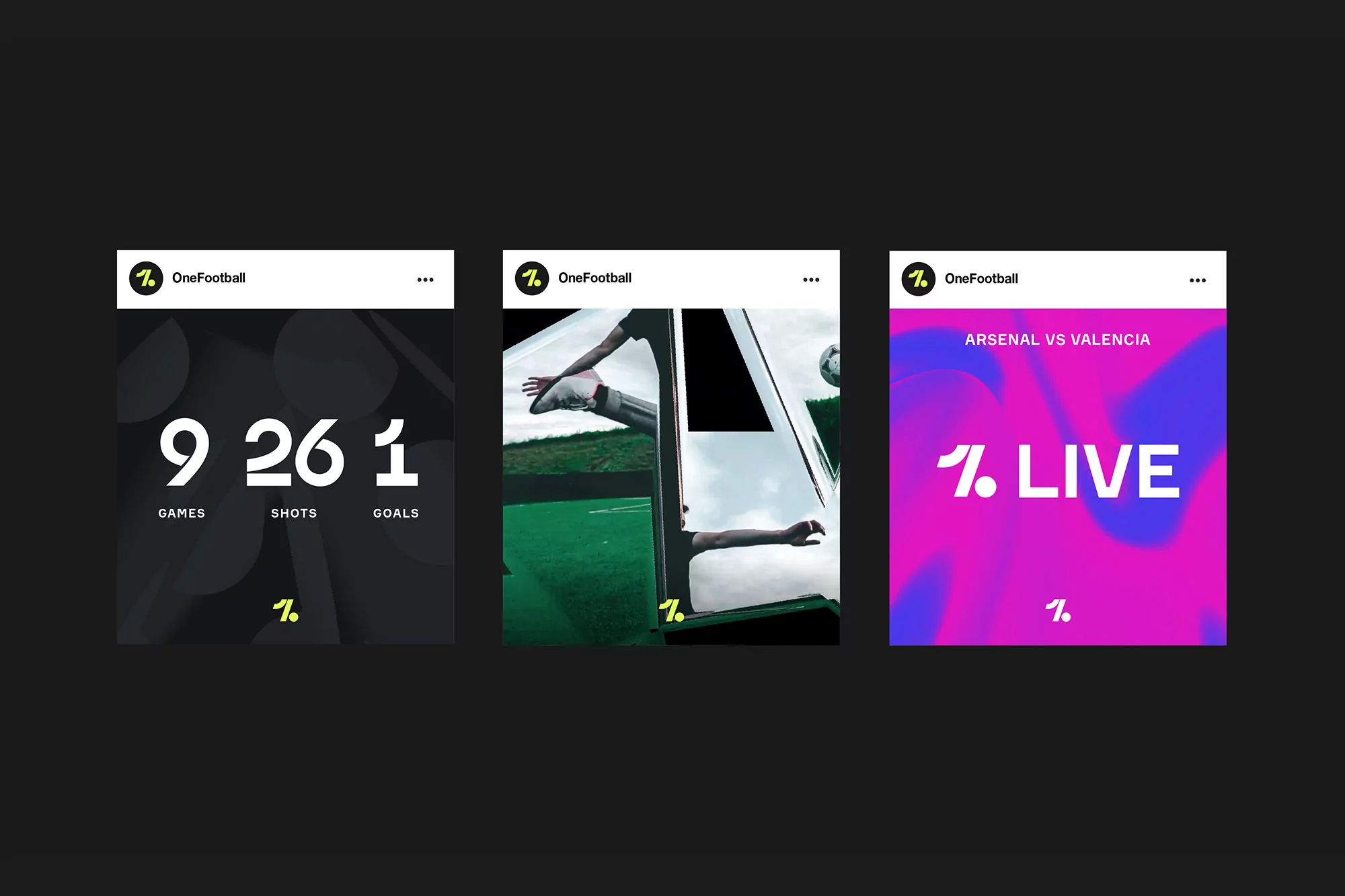 Three digital images promoting OneFootball with game statistics, football action, and live coverage announcements against vibrant backgrounds.