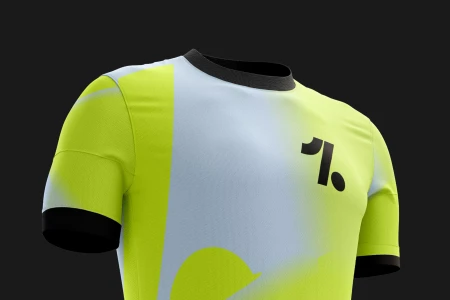 Onefootball branded athletic jersey mockup in pale blue and bright yellow with black collar against a dark background
