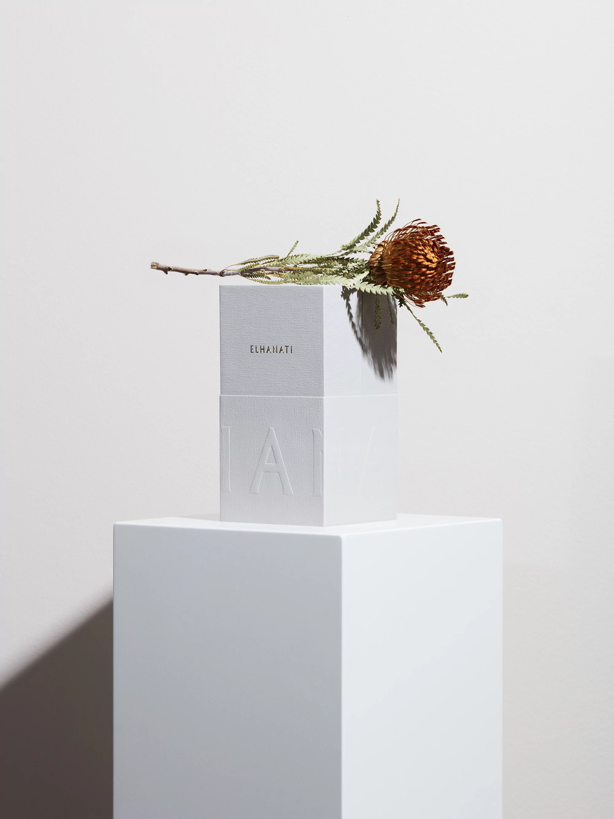 Close-up of a dried orange flower with green leaves on a white cube pedestal against a clean white backdrop with soft, natural lighting.