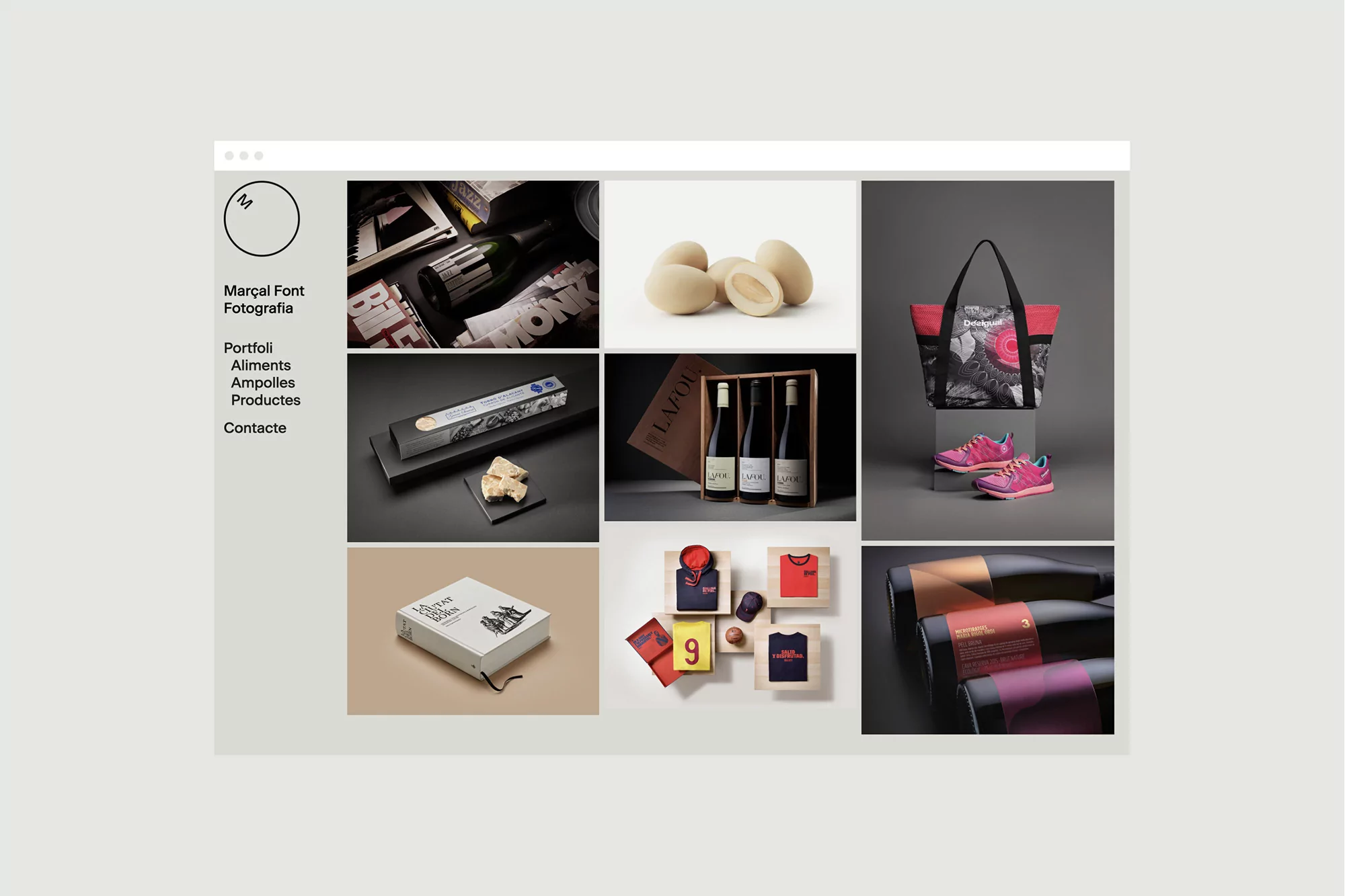 Website displaying portfolio of product photography featuring food, bottles, apparel, shoes, and boxes presented in a clean, minimalist style.