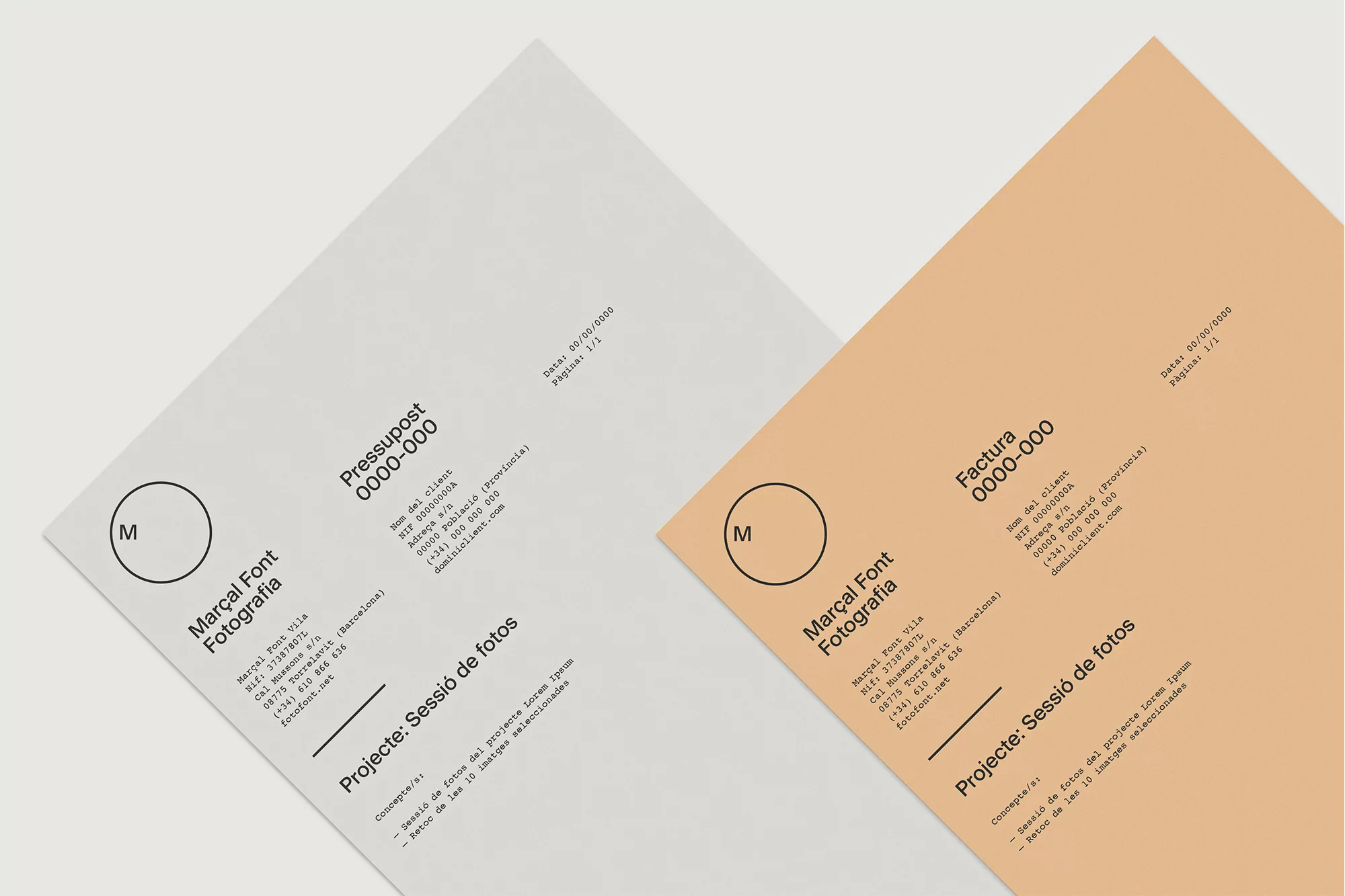 Two invoices or press kits lay at an angle showcasing a logo, company name, and project title set in black sans-serif text on white and peach paper.