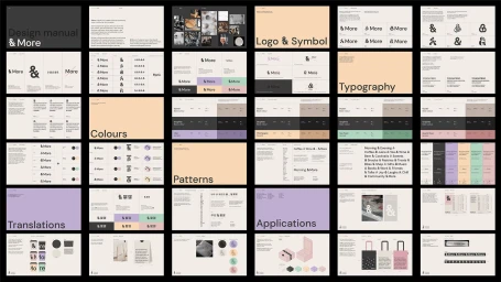 Comprehensive brand identity guidelines presentation board showcasing typography, color palettes, logos, and application mockups