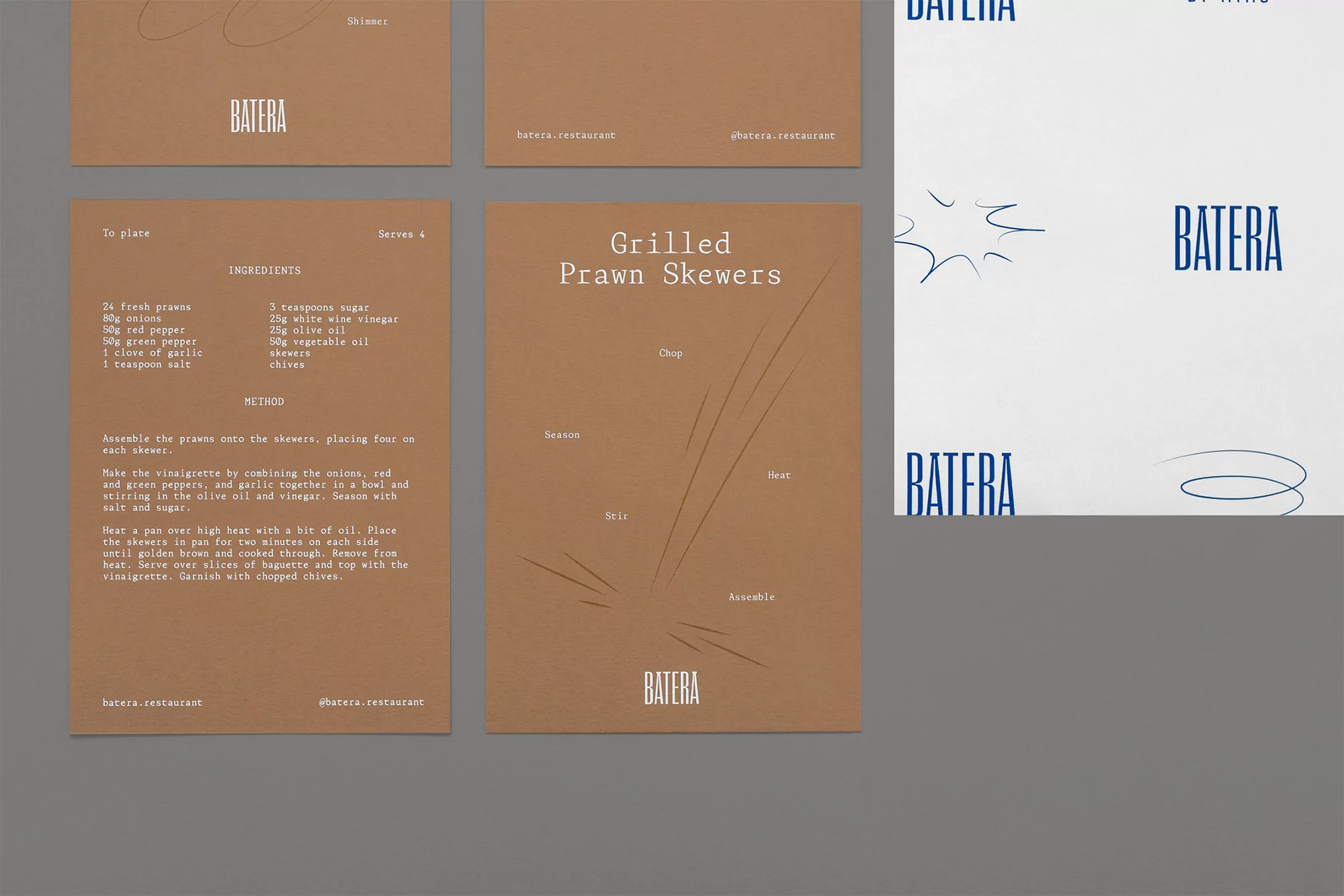 Close-up of brand stationery featuring recipe for grilled prawn skewers, ingredients, and preparation method, with the brand name 'Batera'.