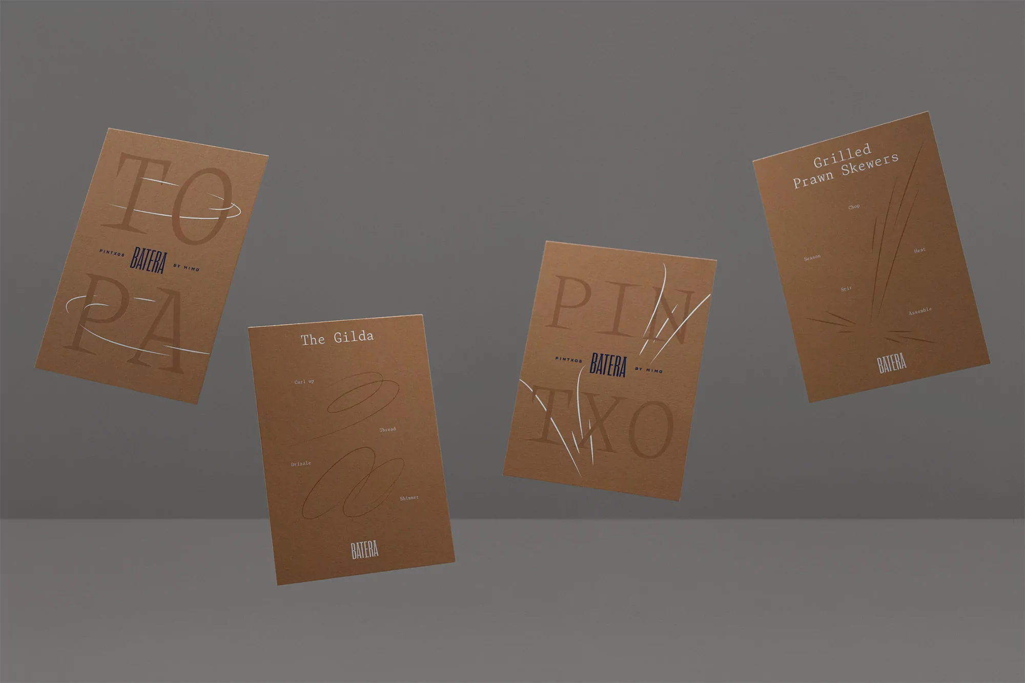 Four floating menus feature food items and brand name 'Batera' against a grey background in a studio photography setting. 