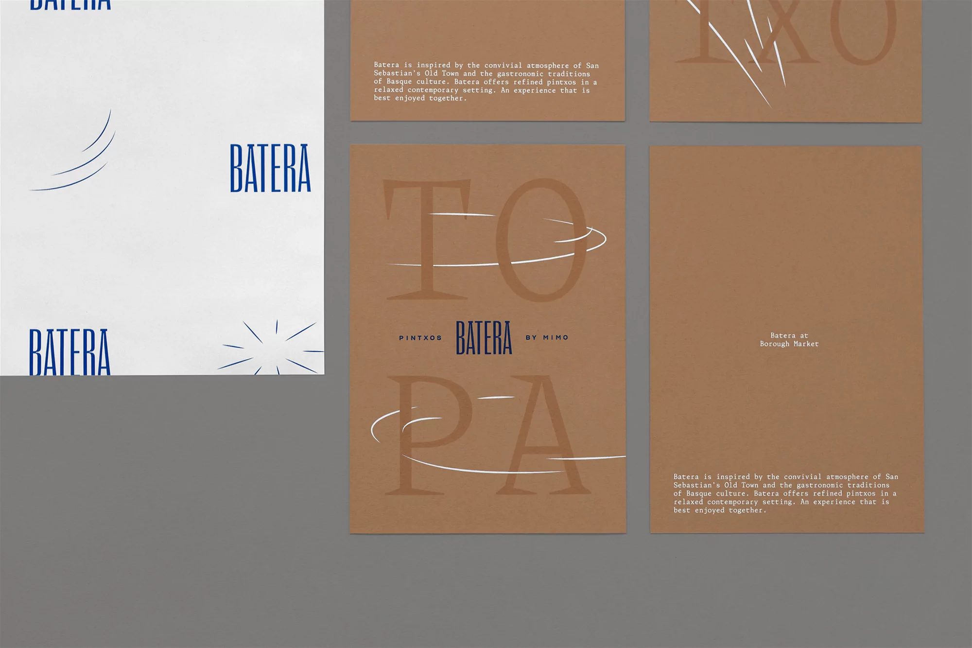 Promotional materials for Batera restaurant, featuring business cards and flyers with logo and minimalist, elegant design in neutral tones.