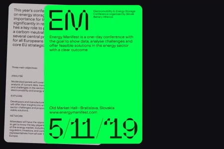 Bold neon green conference card with black typography displaying EM logo and conference details against a dark background