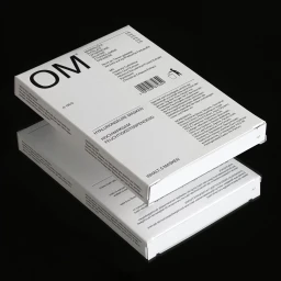 Two white OM skincare boxes with black typography stacked on a dark glossy surface.