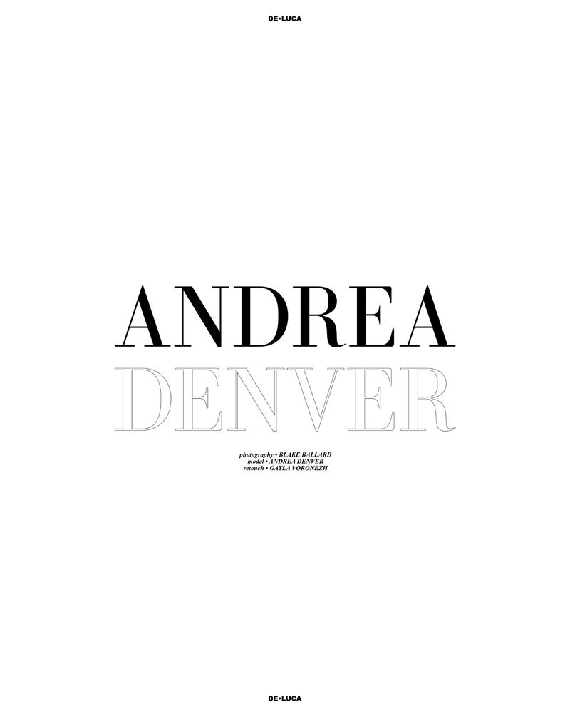 Fashion magazine cover featuring typography with the names 'Andrea Denver', photography credits and the brand name 'De-Luca'.