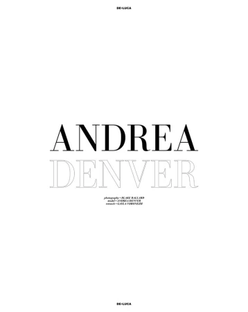 Fashion magazine cover featuring typography with the names 'Andrea Denver', photography credits and the brand name 'De-Luca'.