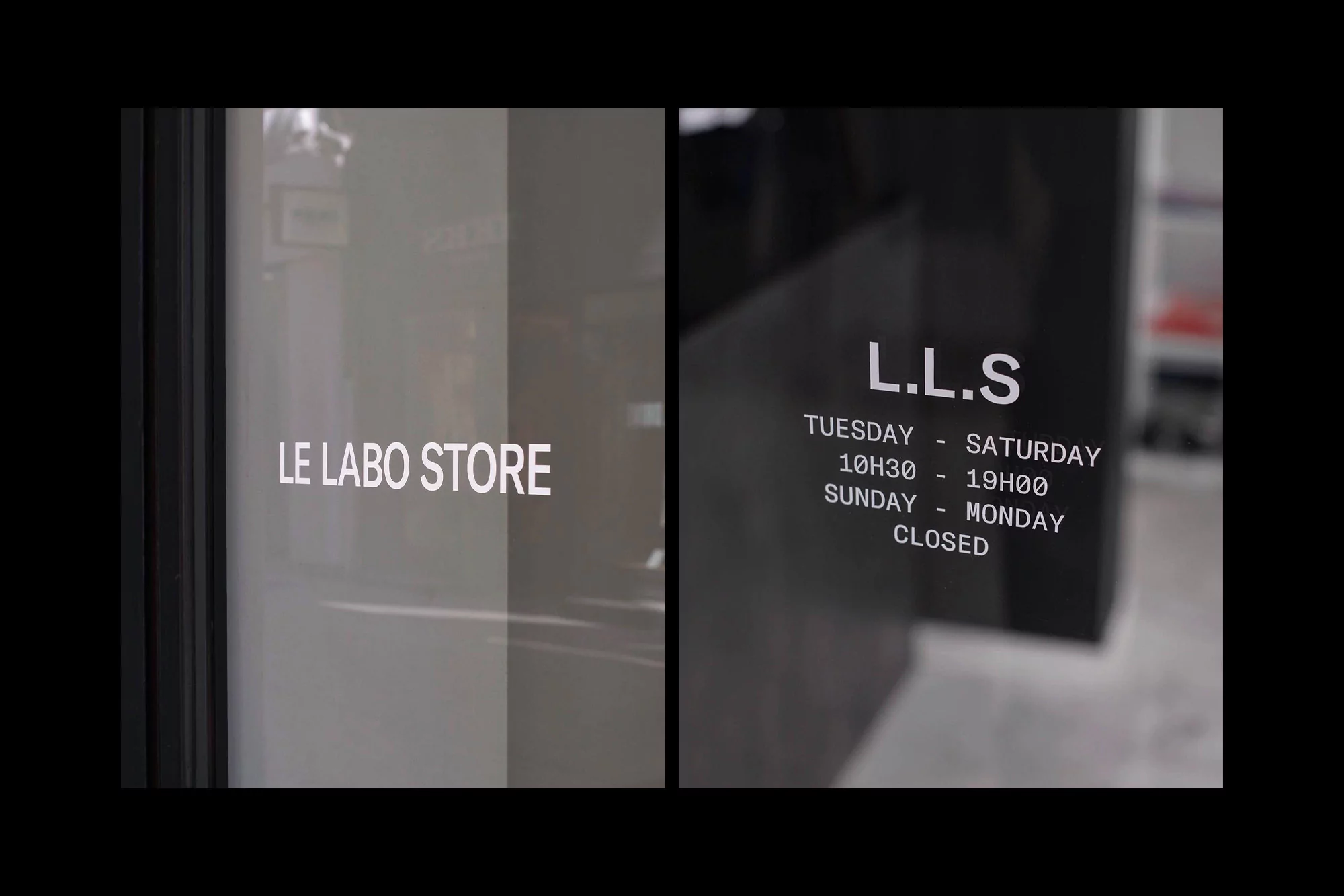 Close-up view of a store window displaying 'LE LABO STORE' and opening hours, creating a minimalist, informative storefront aesthetic.