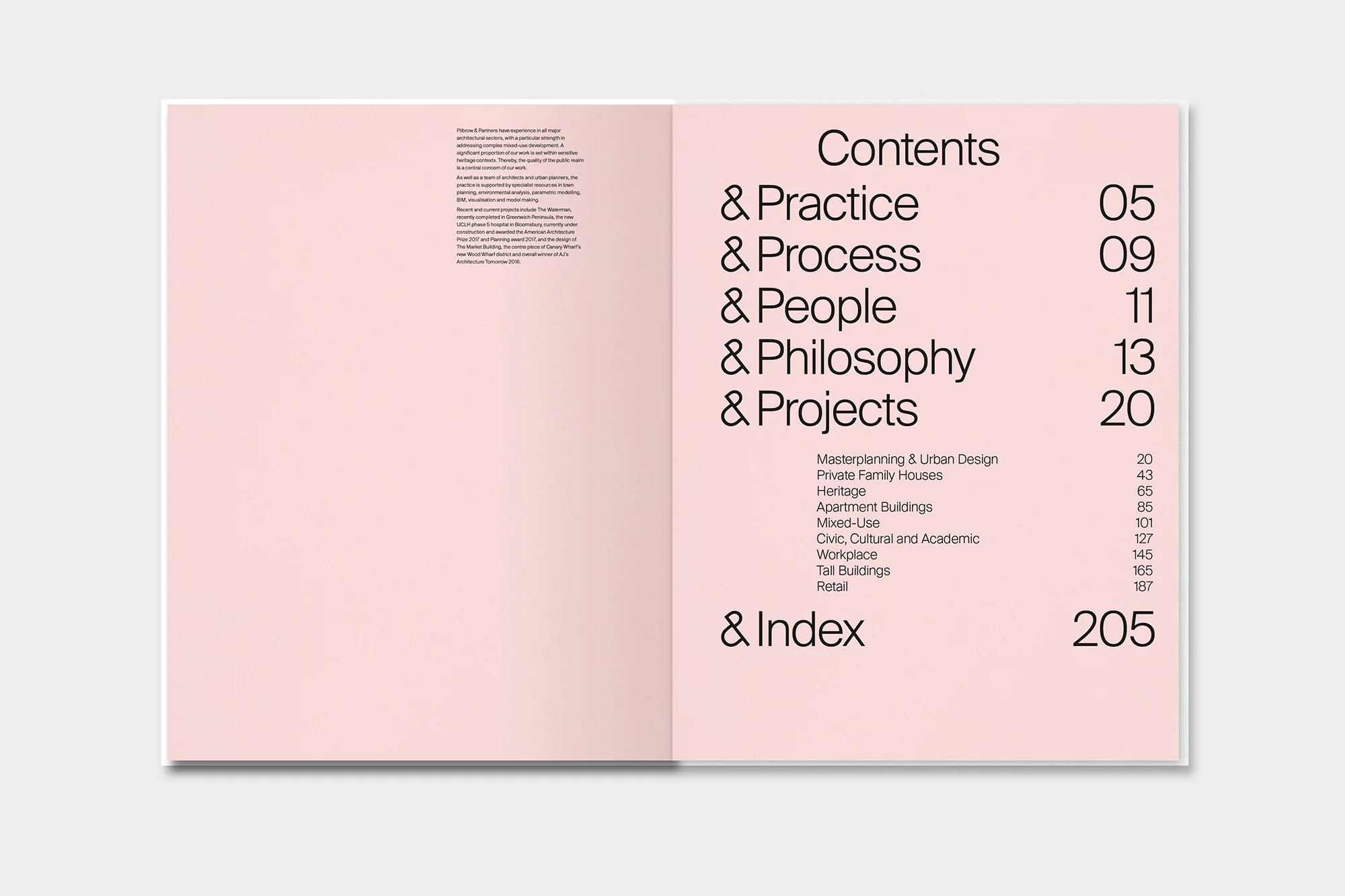 Open book spread displays a table of contents with topics such as practice, process, people, philosophy, and projects in a pink hue.
