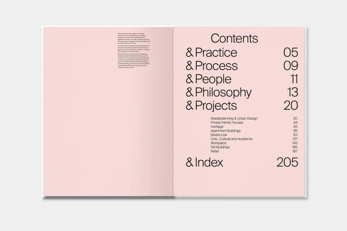 Open book spread displays a table of contents with topics such as practice, process, people, philosophy, and projects in a pink hue.
