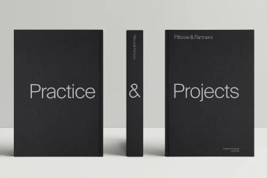 Three views of a black book for Pilbrow and Partners with typography reading Practice and Projects