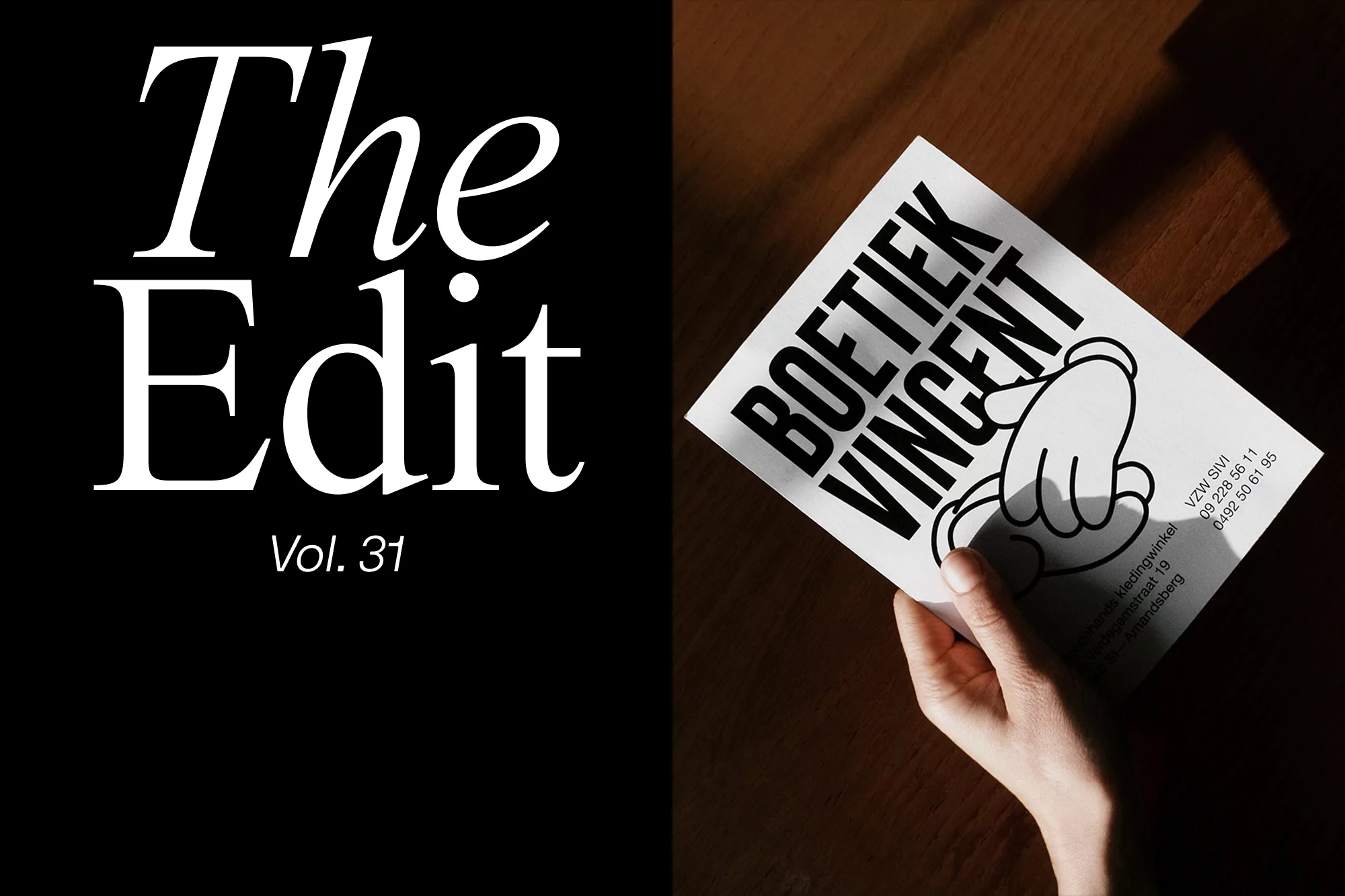 Fashion editorial shot featuring a hand holding a business card with 'BOETIEK VINCENT' text against a split black and brown background.