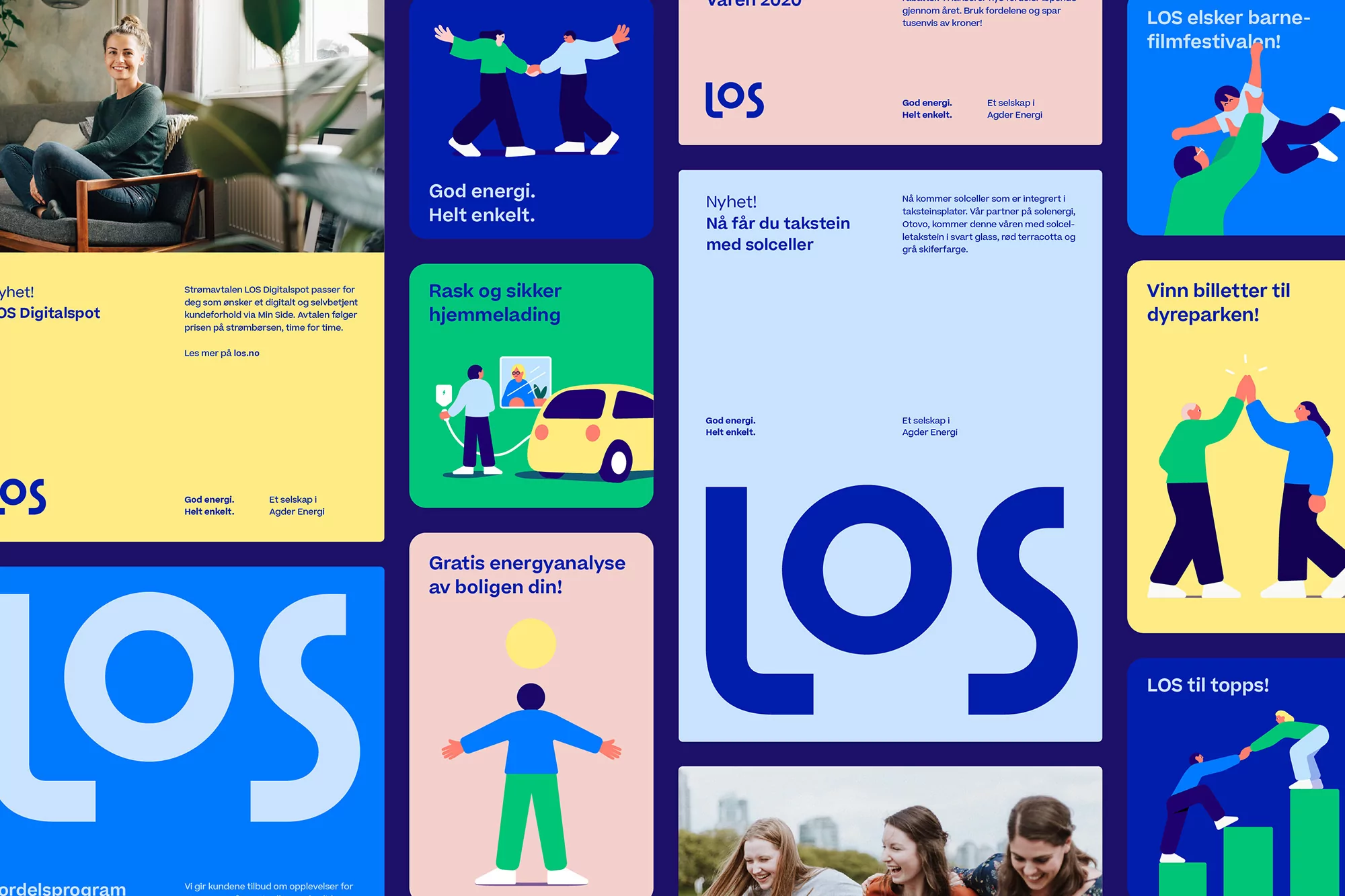 Collage of promotional graphics from LOS featuring illustrated people, diagrams, and text, promoting energy solutions and events.