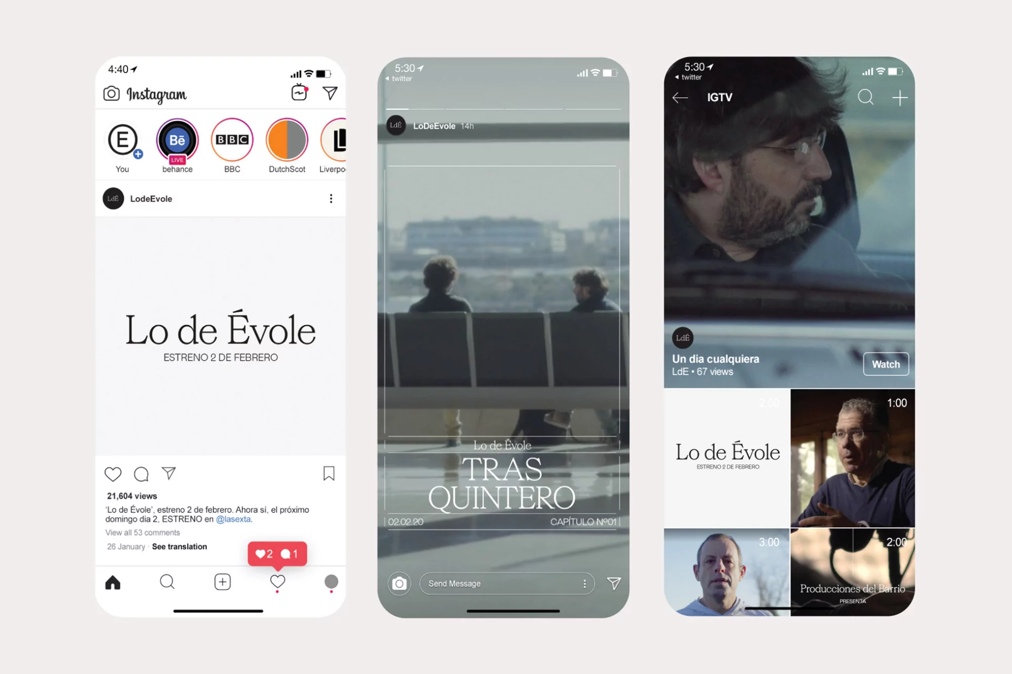 Mobile phones display the social media account for Lo de Évole TV series, with posts and logos for Instagram, Twitter, and IGTV.
