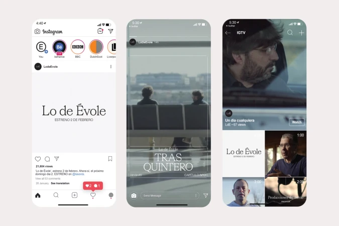 Mobile phones display the social media account for Lo de Évole TV series, with posts and logos for Instagram, Twitter, and IGTV.