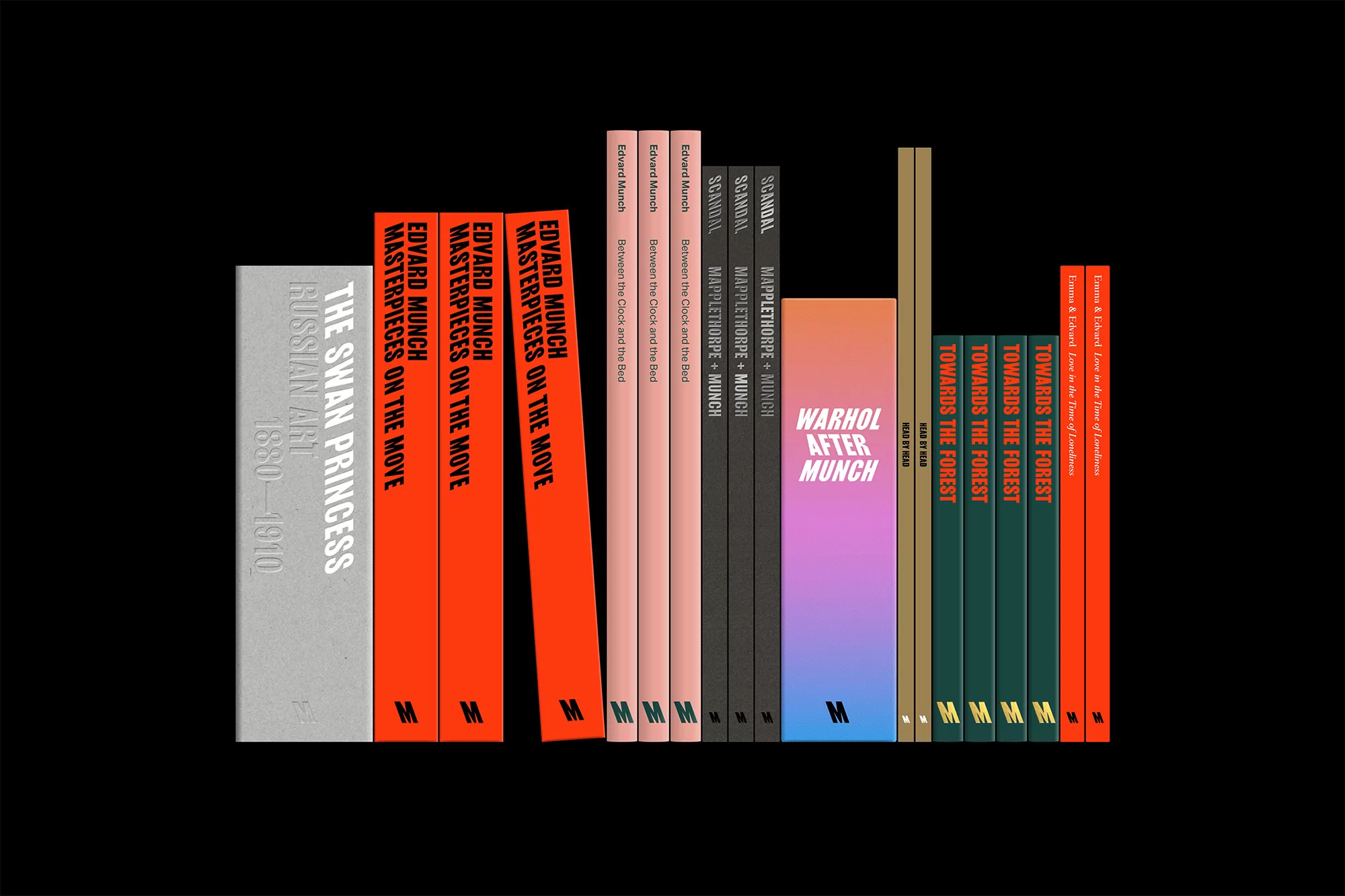 Stack of art and literature books on black backdrop. Book spines show titles: 'Swan Princess', 'Warhol After Munch', and 'Towards the Forest'.