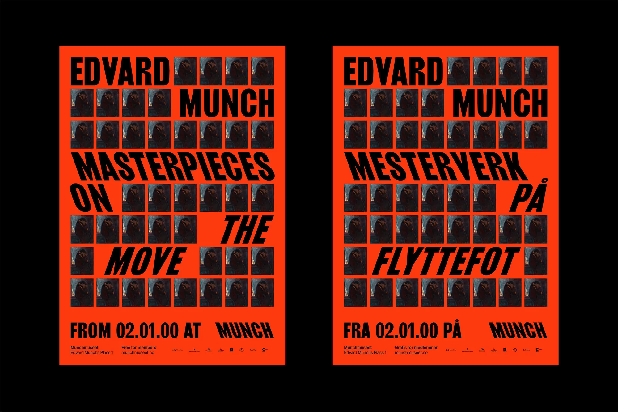 Two nearly identical posters in English and Norwegian for an Edvard Munch exhibition featuring tiled portraits, set against a stark black background.