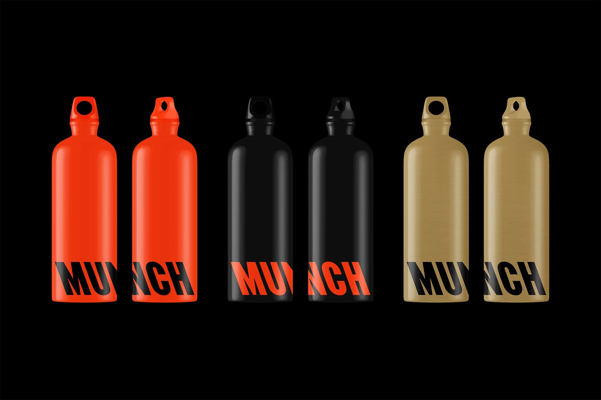 Still life of six reusable water bottles in orange, black, and tan colors, arranged closely together on a solid black background. 
