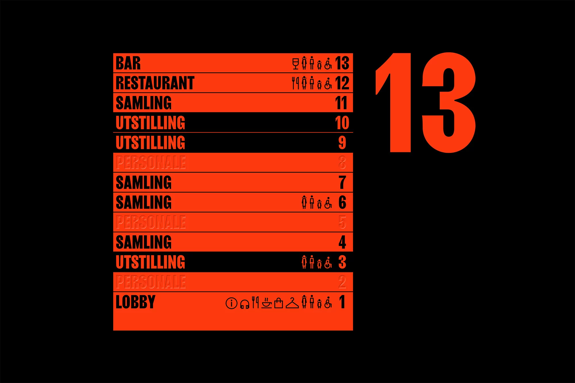 Graphic design in black and orange showcases a list of locations with numbers and icons, with the number 13 highlighted.