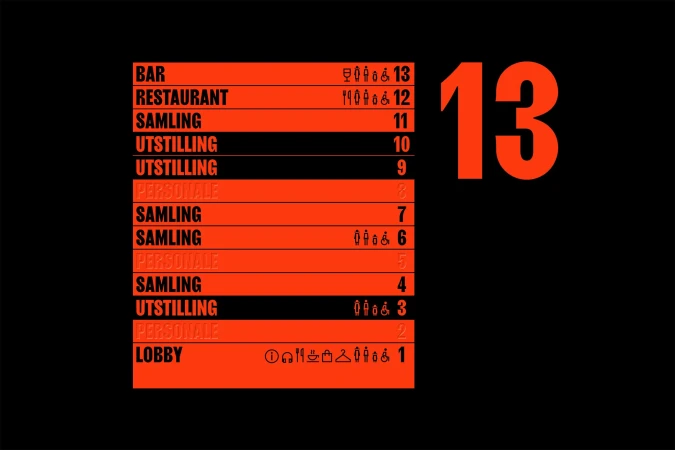 Graphic design in black and orange showcases a list of locations with numbers and icons, with the number 13 highlighted.