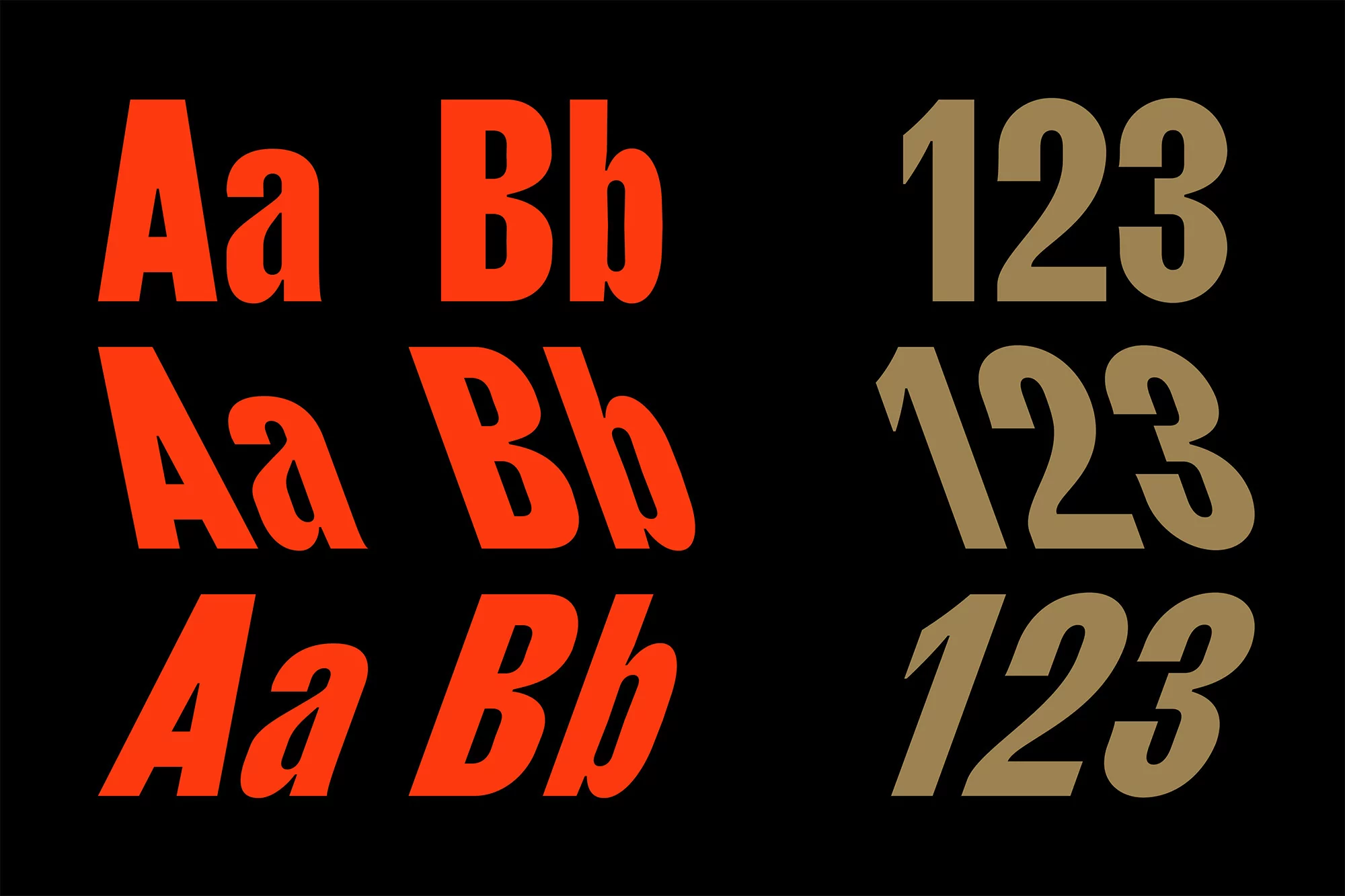 Typography design featuring letterforms and numbers in orange and gold against a black background, showcasing font variations and styles.