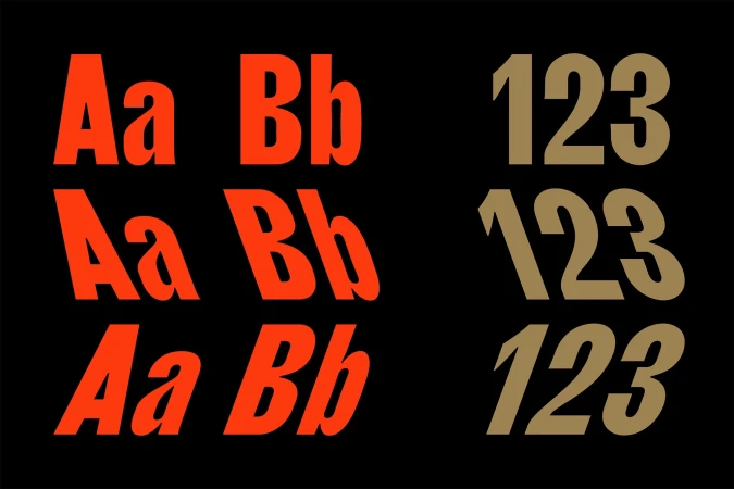 Typography design featuring letterforms and numbers in orange and gold against a black background, showcasing font variations and styles.