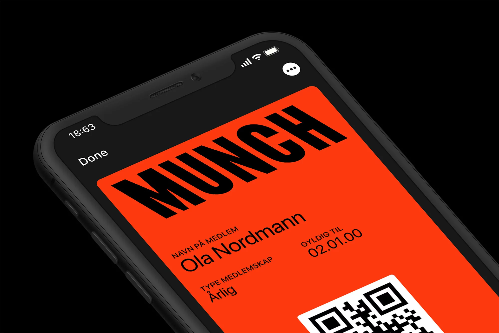 Black smartphone displays a digital ticket with the name 'MUNCH' and a QR code, set against a plain black backdrop.
