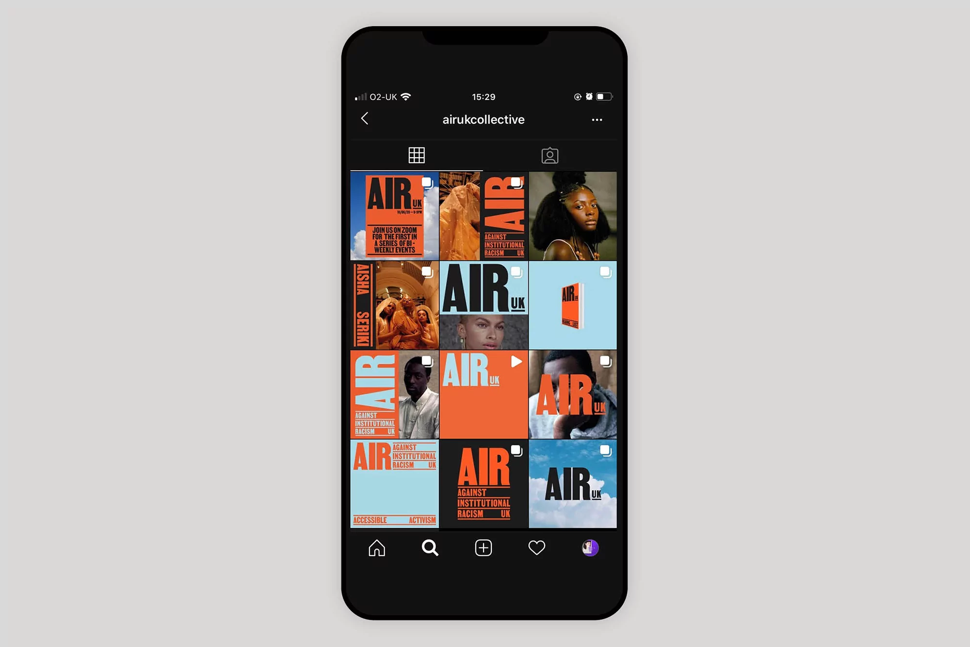Screenshot of an iPhone displaying an Instagram feed with a grid of posts featuring the 'airukcollective' account and its branding.