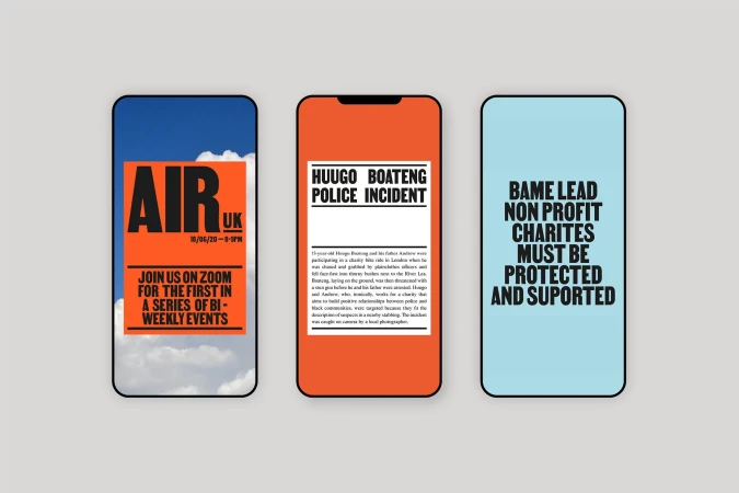 Three smartphones display event announcements: Zoom meeting for AIR UK, Huugo Boateng police incident, and BAME Lead charities protection.
