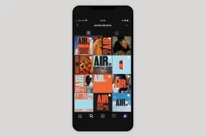 Mockup of an Instagram profile grid for AIR UK featuring bold typography and orange graphic design assets.
