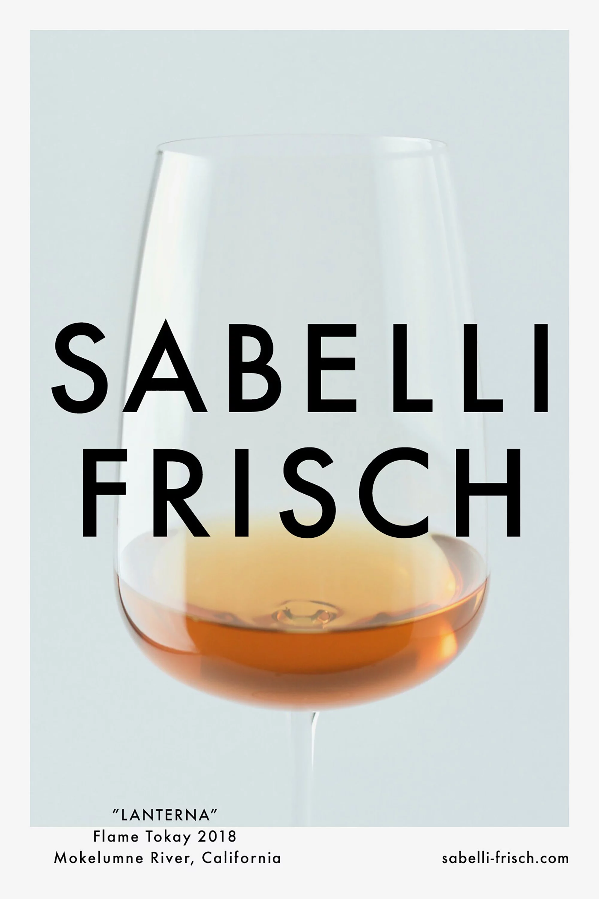 Elegant product shot of a wine glass filled with rose wine against a pale background, accompanied by Sabelli Frisch branding.
