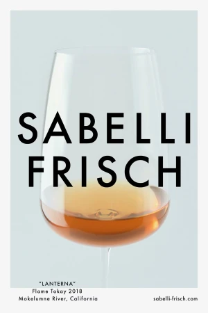 Elegant product shot of a wine glass filled with rose wine against a pale background, accompanied by Sabelli Frisch branding.