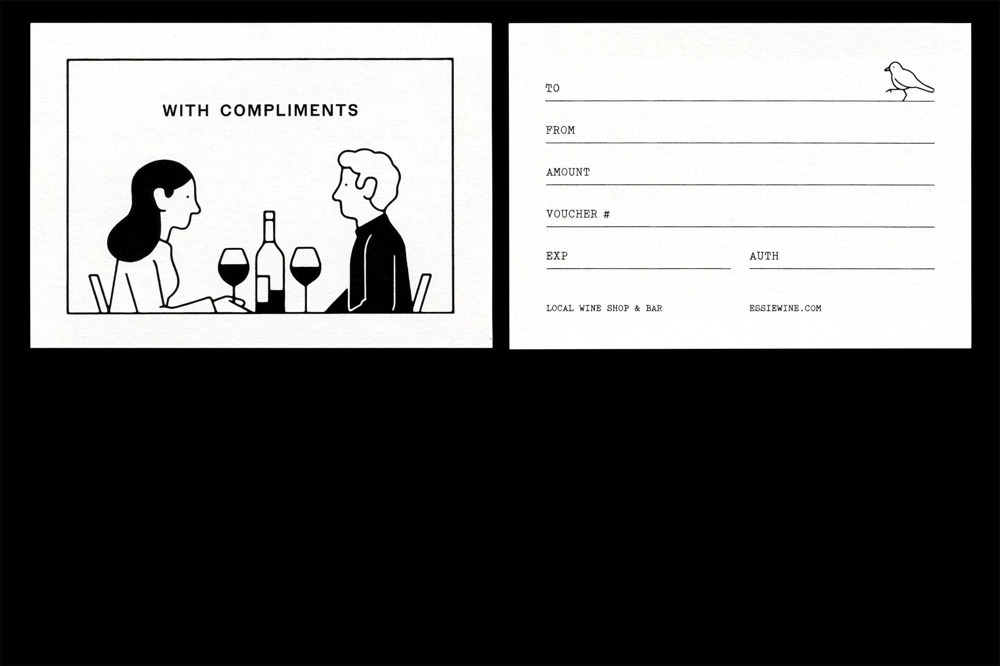 Illustration of a man and woman sitting at a table with wine glasses and a bottle, presented as part of a gift certificate.