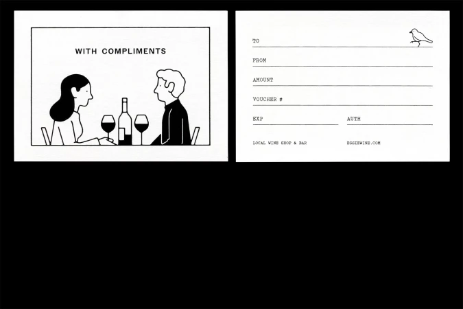 Illustration of a man and woman sitting at a table with wine glasses and a bottle, presented as part of a gift certificate.