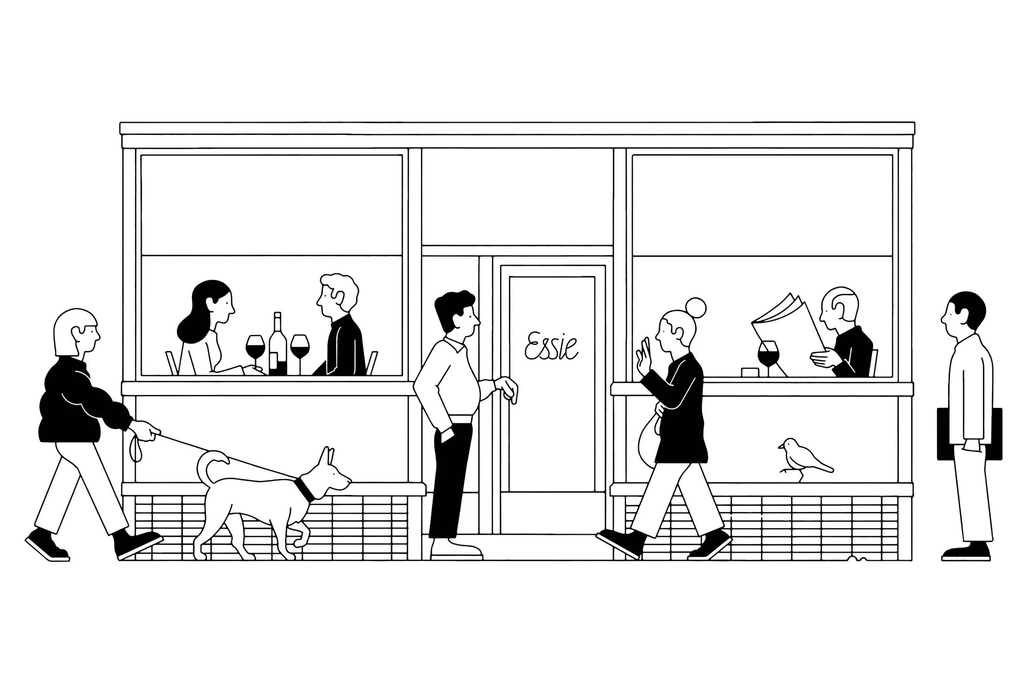 Illustration of people walking in front of a restaurant with patrons seated at tables, in a black and white color palette.