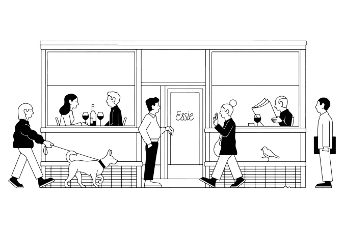 Illustration of people walking in front of a restaurant with patrons seated at tables, in a black and white color palette.