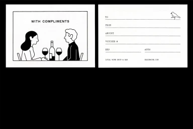 Two black and white illustrations of a restaurant voucher card featuring a couple dining and a form on the back.