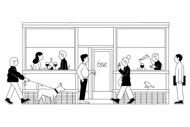 Black and white vector line illustration of a storefront scene featuring people walking, dining, and walking a dog.