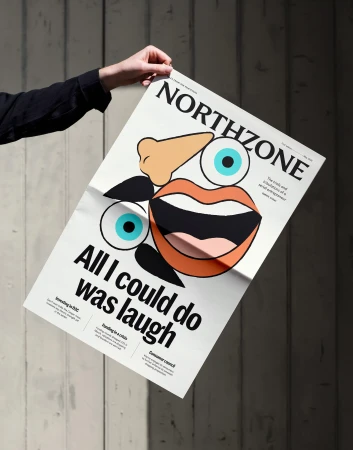 Hands holding a printed poster featuring Northzone branding and bold abstract illustrations against a wooden wall background.