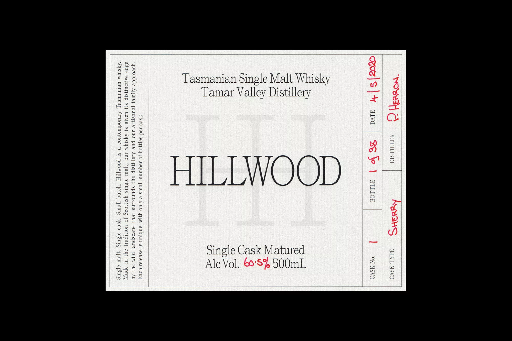 Label for a bottle of Hillwood Tasmanian Single Malt Whisky from Tamar Valley Distillery, featuring text about the cask and distillery.