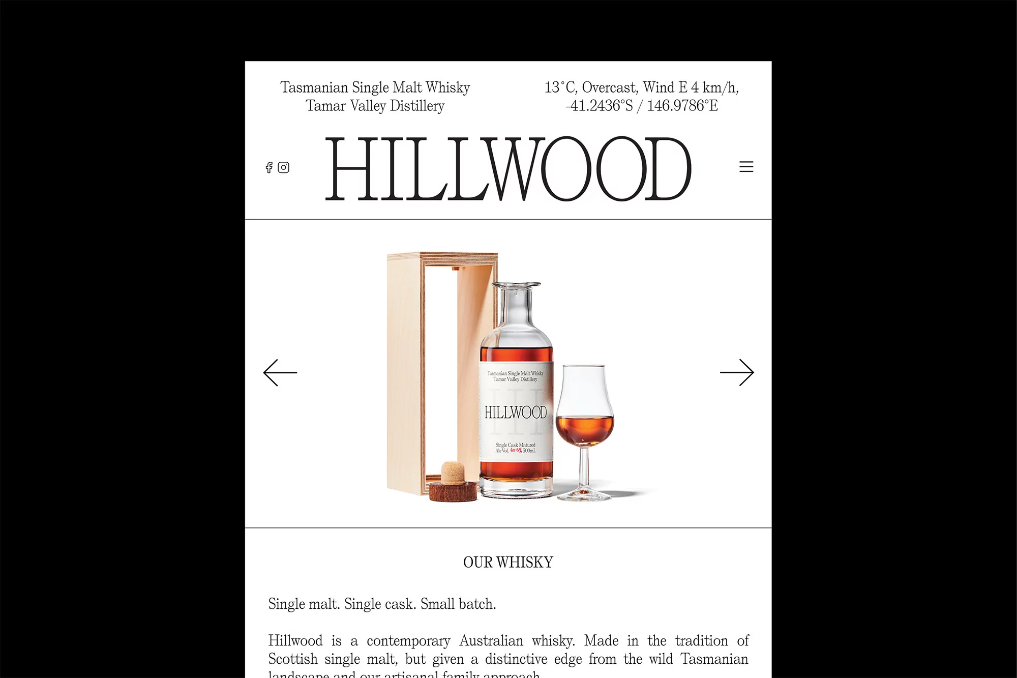Still life featuring a bottle of Hillwood single malt whisky, presented with a wooden box and a tasting glass, evoking sophistication.