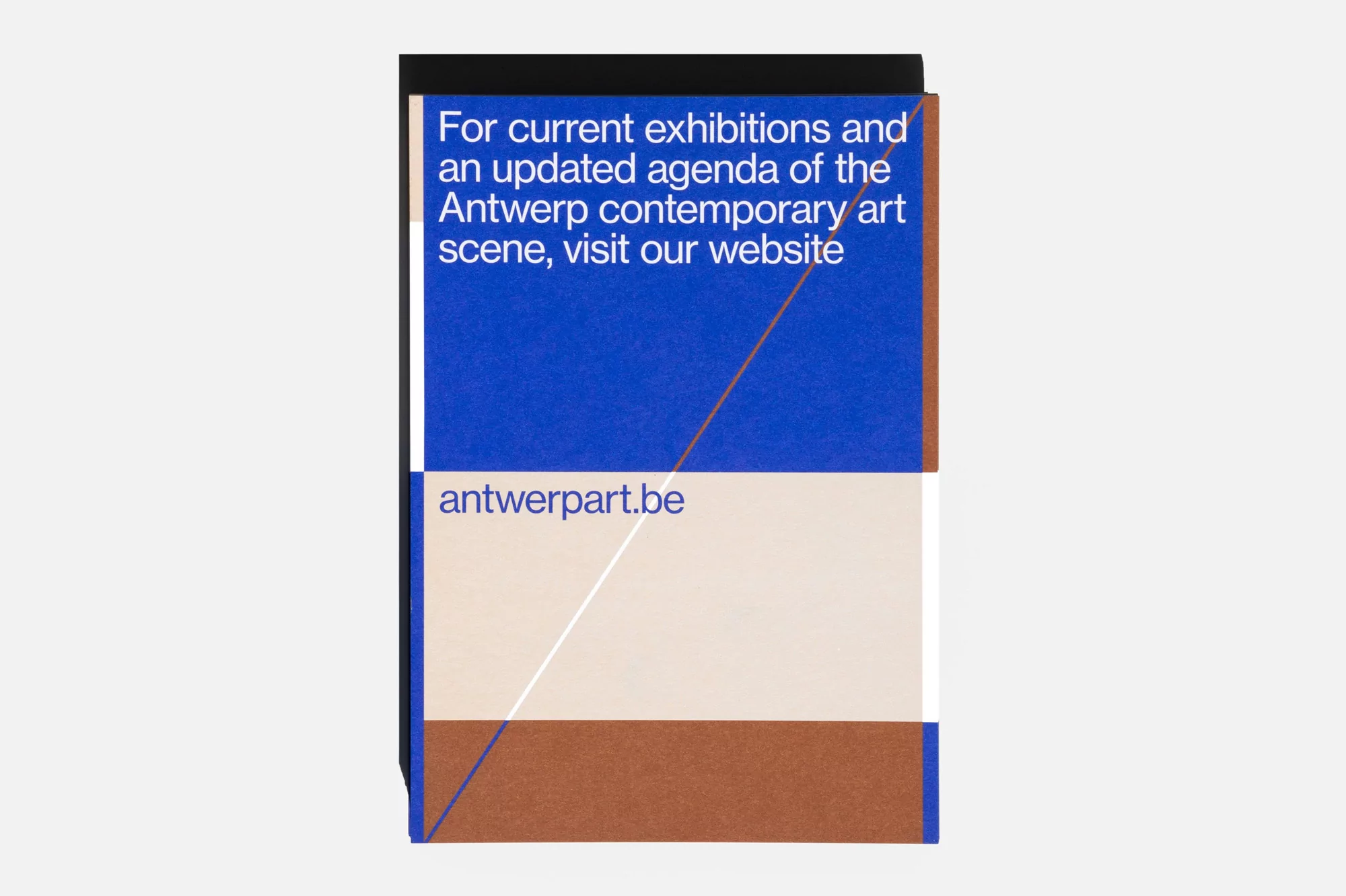 Modern art flyer featuring geometric shapes and the text 'antwerpart.be' against a light gray background, promoting Antwerp's art scene.